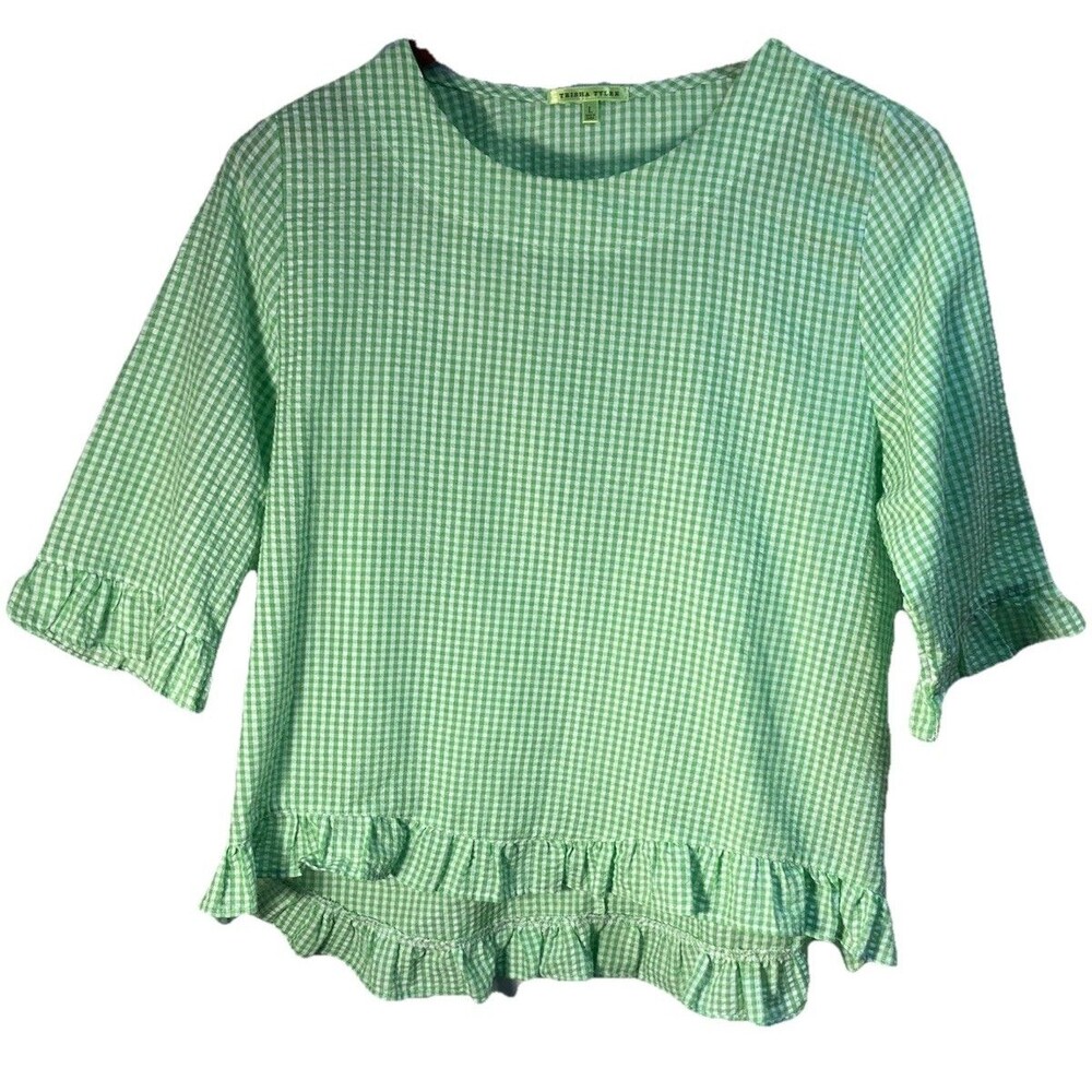 Trisha Tyler W Sz L Top Gingham Green Ruffle Retro Seersucker Spring Coastal